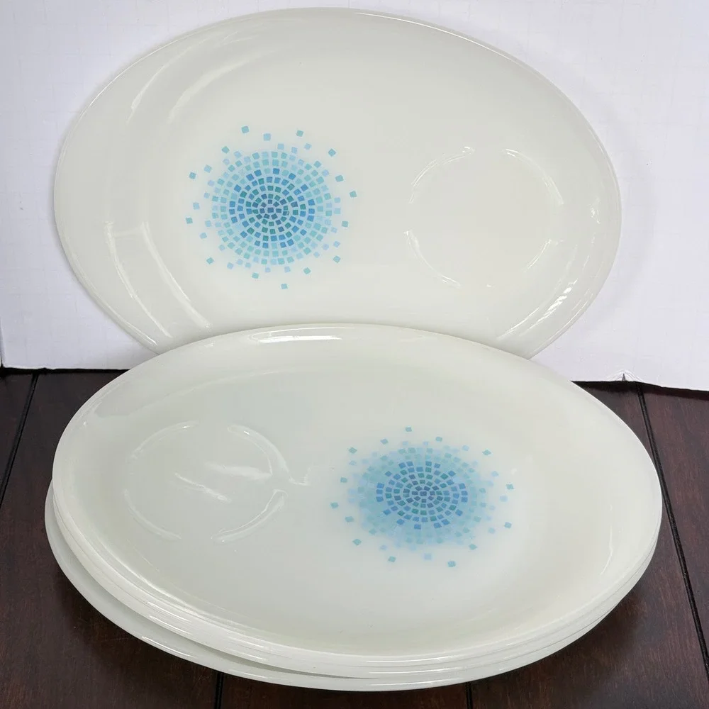 Vtg. Fire-King Blue Star Mosaic Milk Glass Snack Plates Set of 4 Anchor Hocking